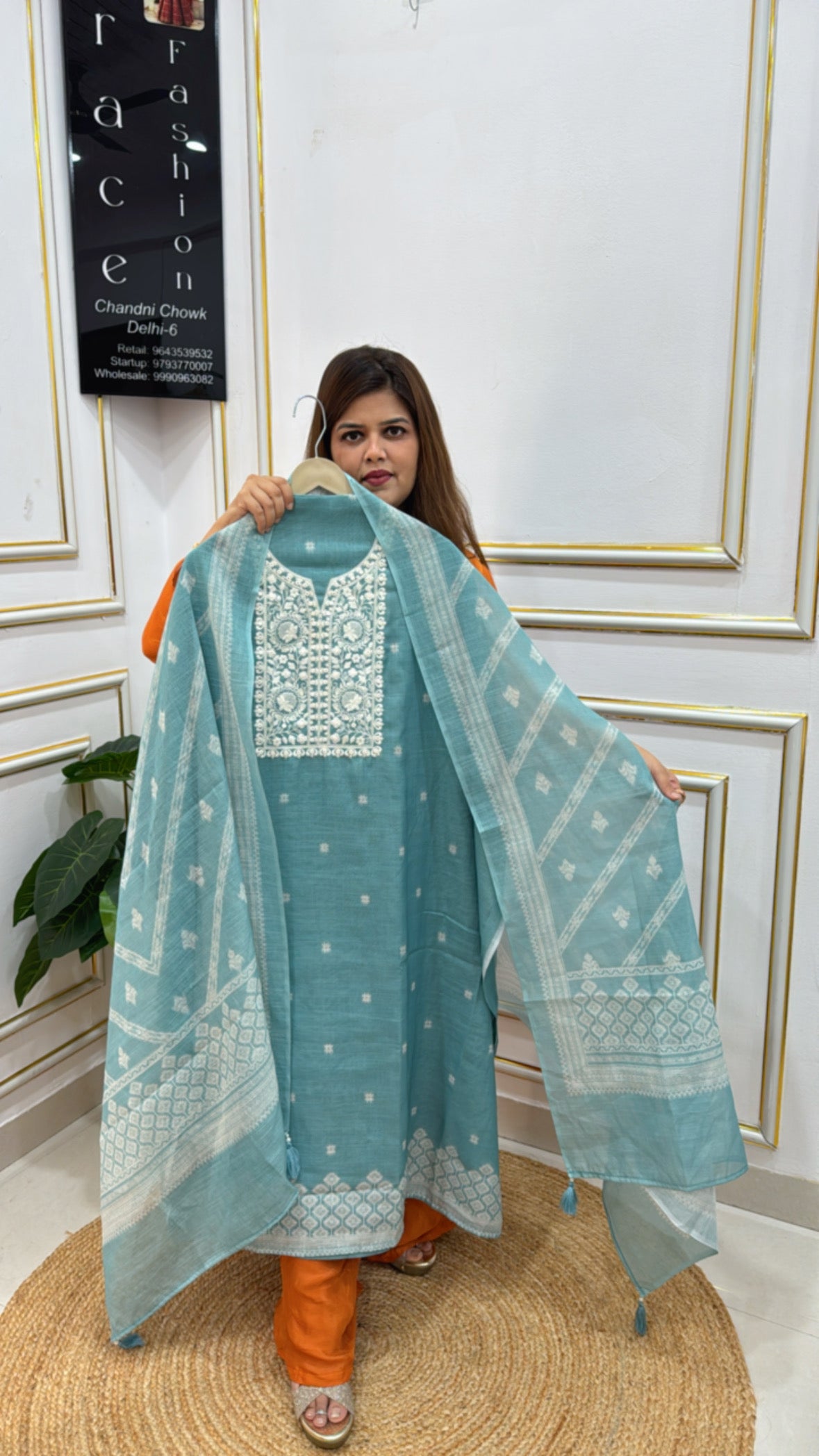 Elegant Jamdhani-Inspired Linen Suit Set (Unstitched) GF 279